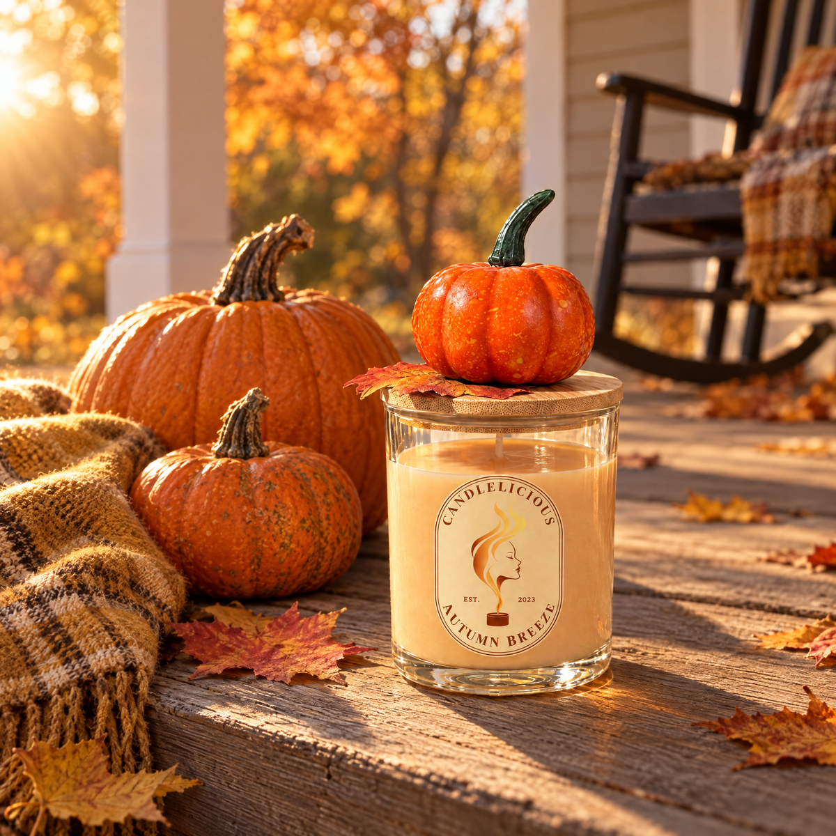Autumn Breeze candle on a porch step beside pumpkins and fallen leaves