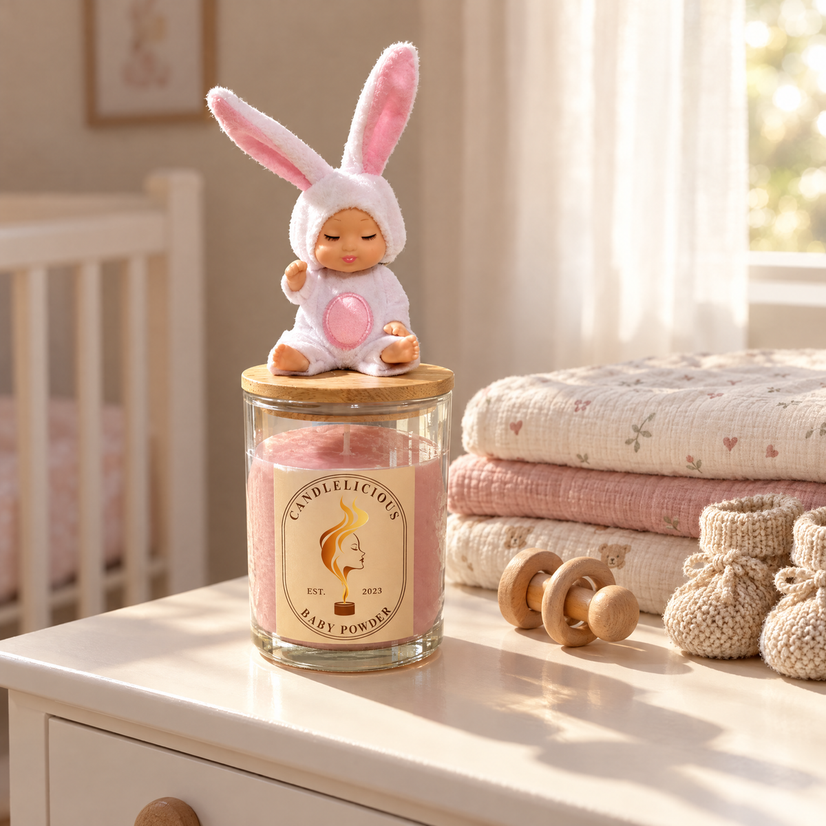 Baby Powder candle on a nursery dresser beside folded muslin blankets