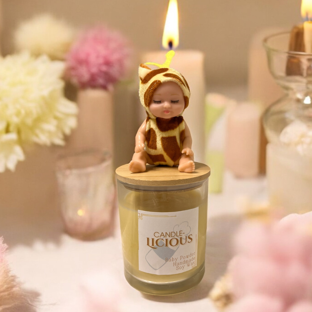 Baby Powder candle with a baby in a giraffe suit on the lid
