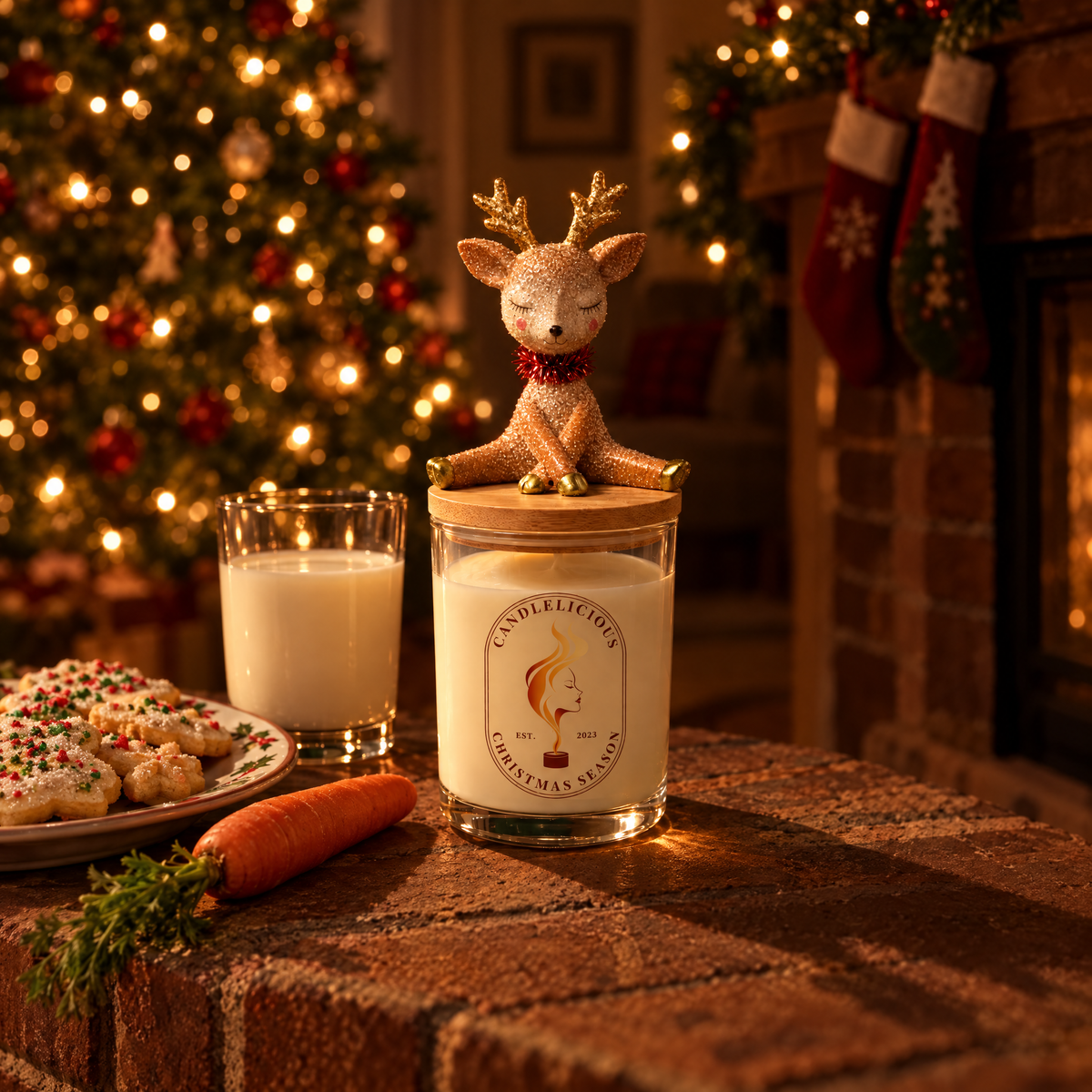 Christmas Season candle on the hearth beside cookies, milk and a carrot on Christmas Eve