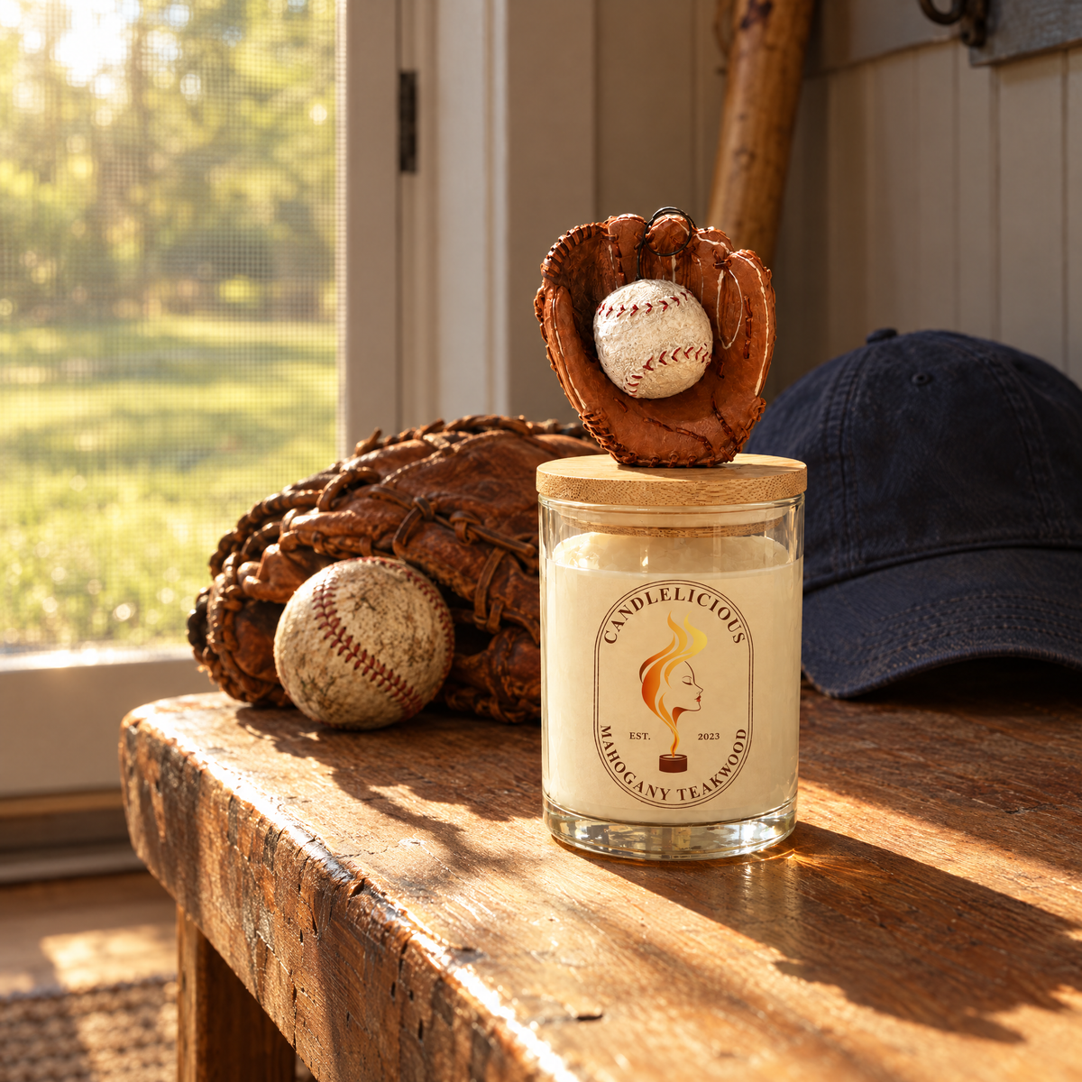 Mahogany Teakwood candle on a mudroom bench beside a baseball glove and cap