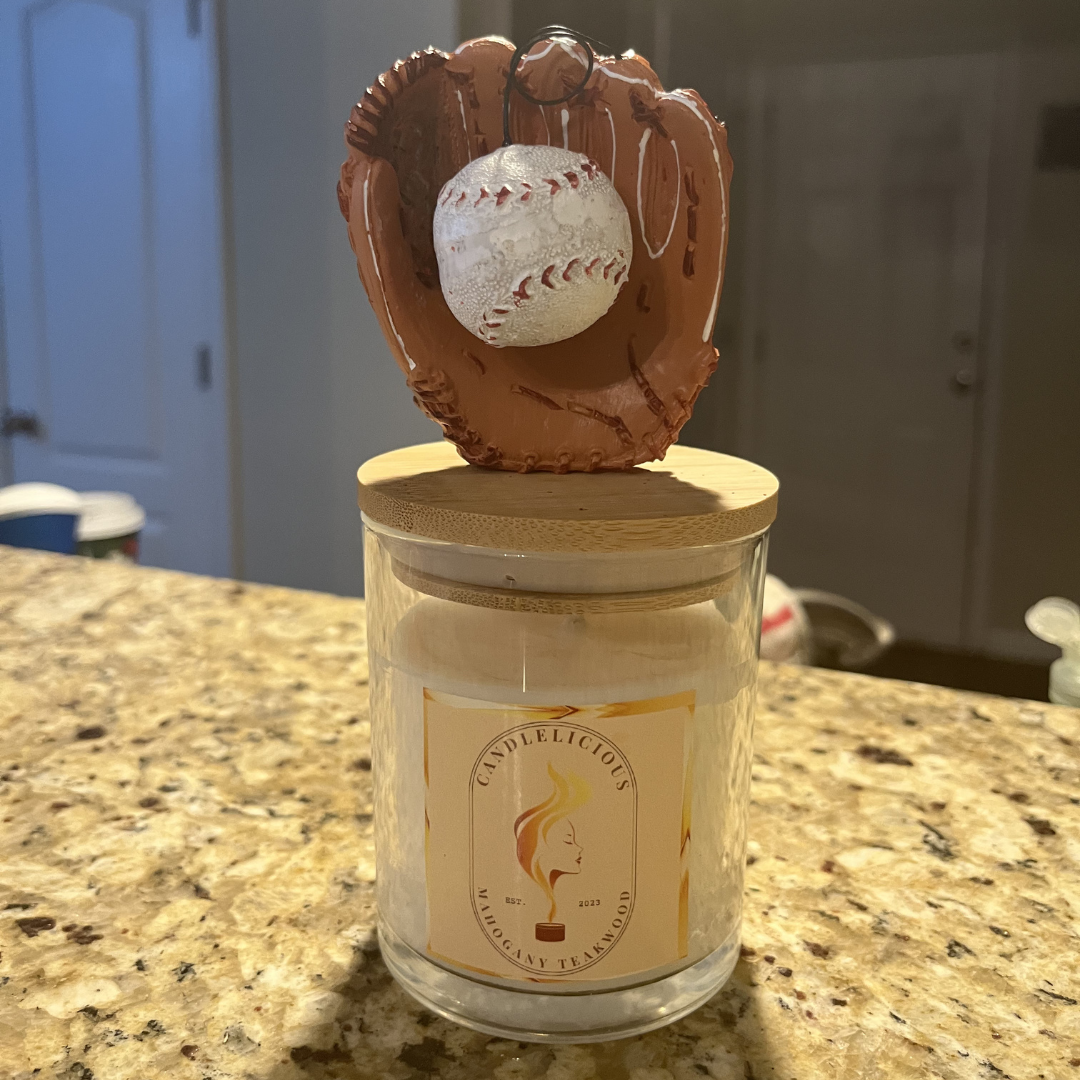 Mahogany Teakwood candle with a baseball glove and ball on the lid