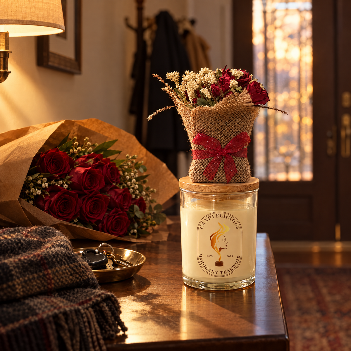 Mahogany Teakwood candle on an entryway console beside a bouquet of red roses