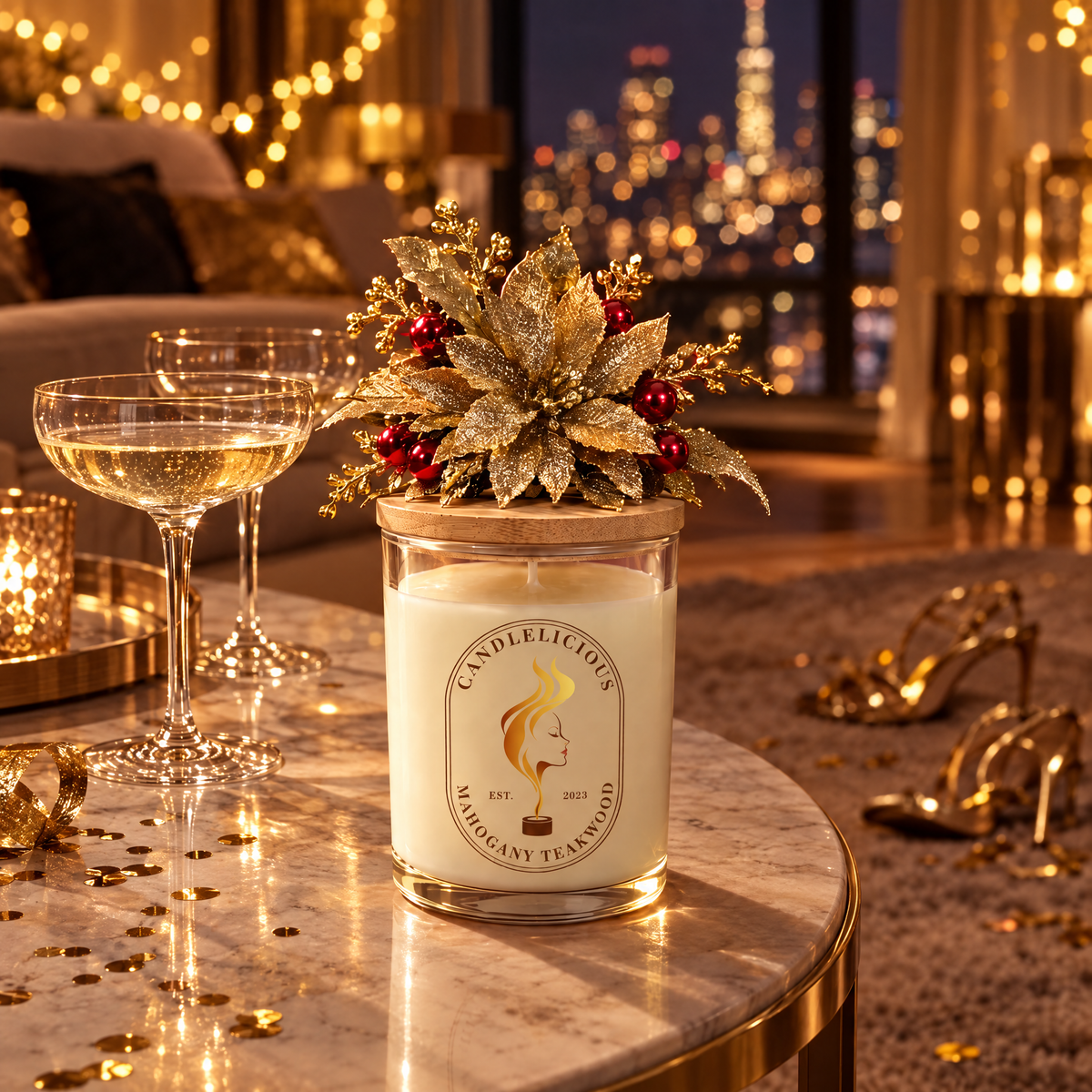 Mahogany Teakwood candle on a marble side table beside champagne coupes and gold confetti on New Year's Eve