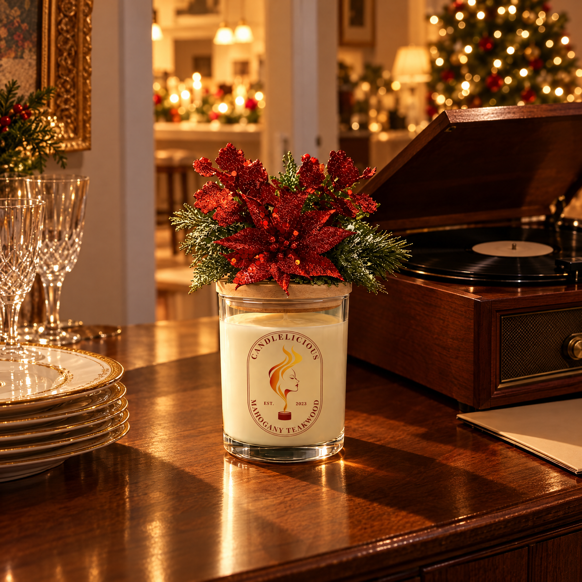 Mahogany Teakwood candle on a sideboard beside good china and a record player at a Christmas party