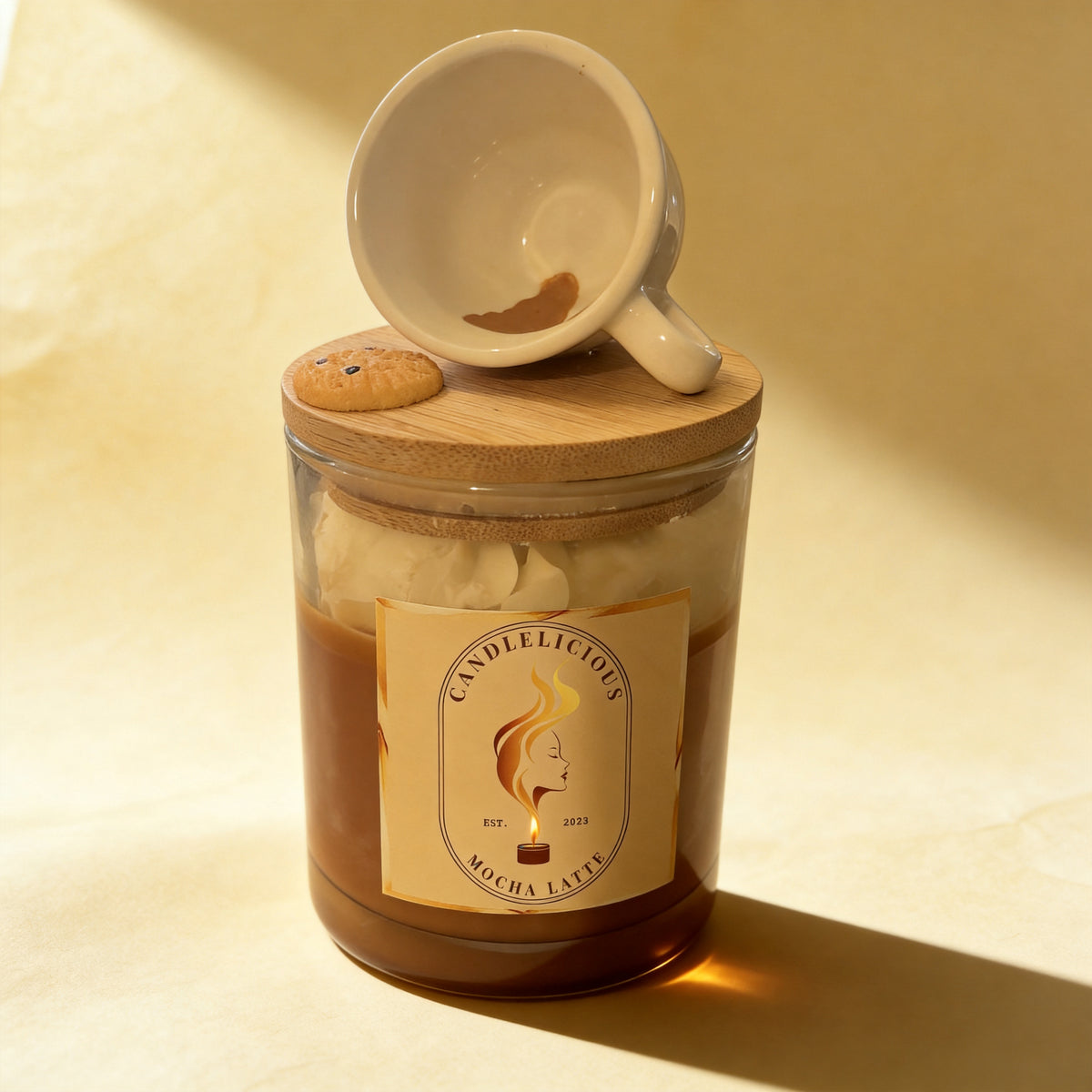 Mocha Latte candle with a coffee mug and a cookie on the lid