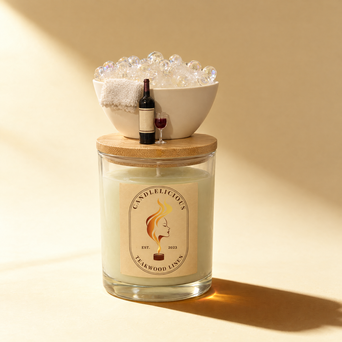 Teakwood Linen candle with a miniature bubble bath and a bottle of red on the lid