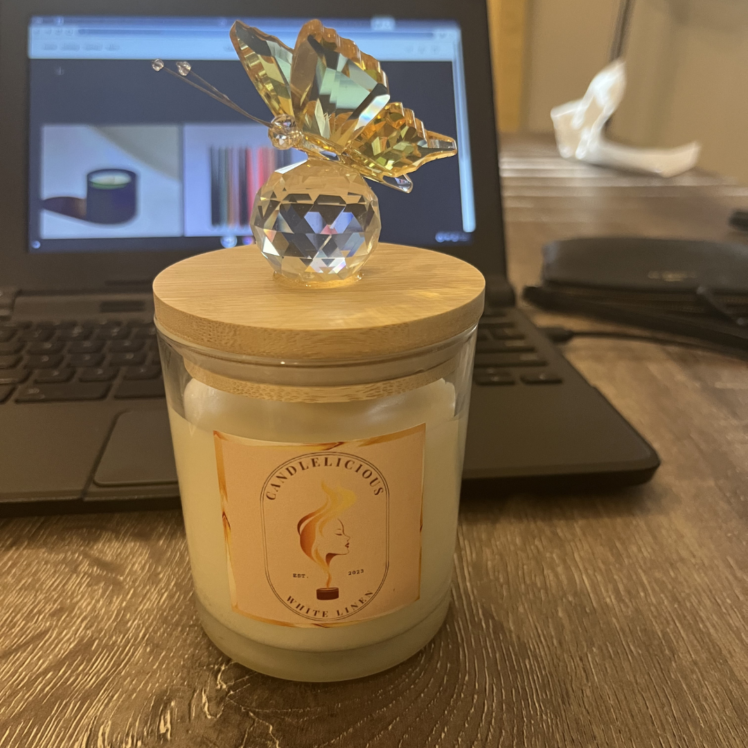 White Linen candle with an amber crystal butterfly on the lid
