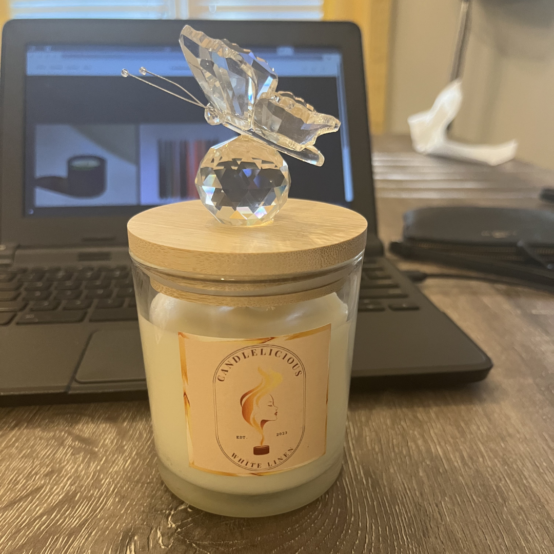 White Linen candle with a clear crystal butterfly on the lid