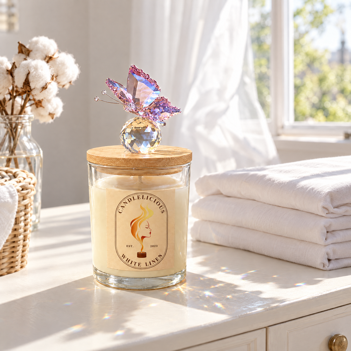White Linen candle on a white dresser beside freshly folded sheets