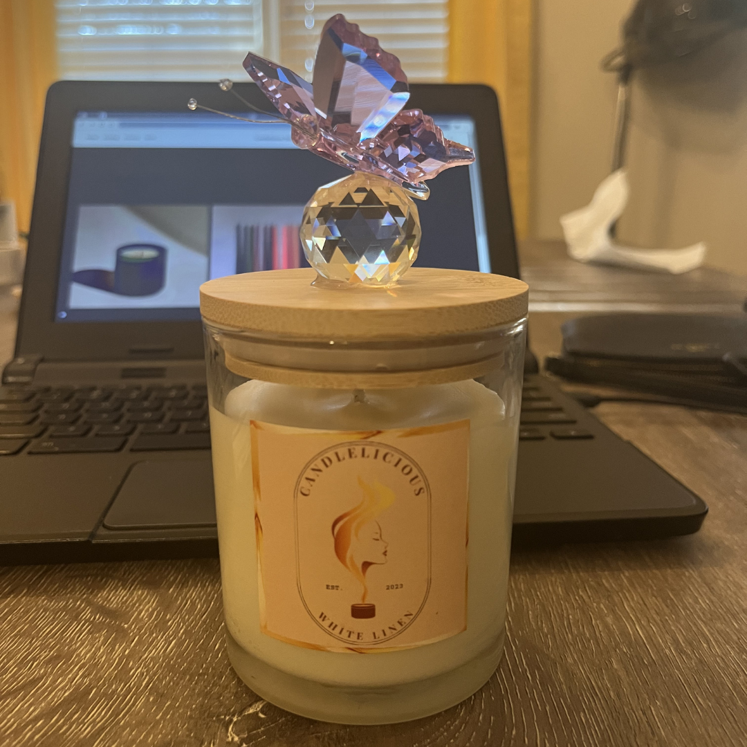 White Linen candle with a pink crystal butterfly on the lid