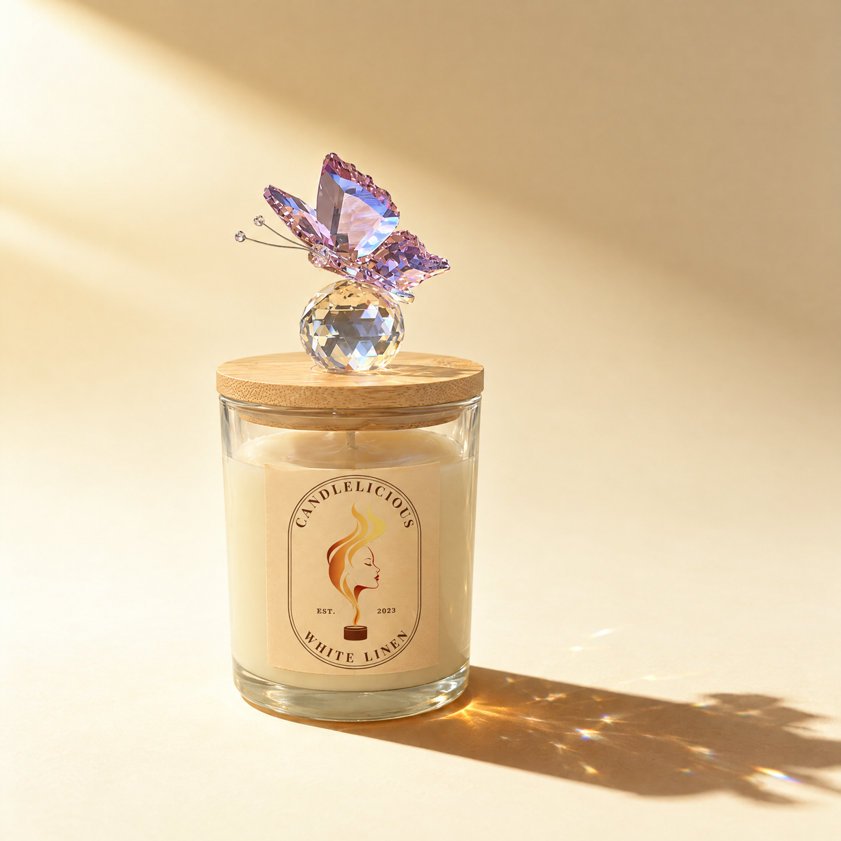 White Linen candle with a pink crystal butterfly on the lid