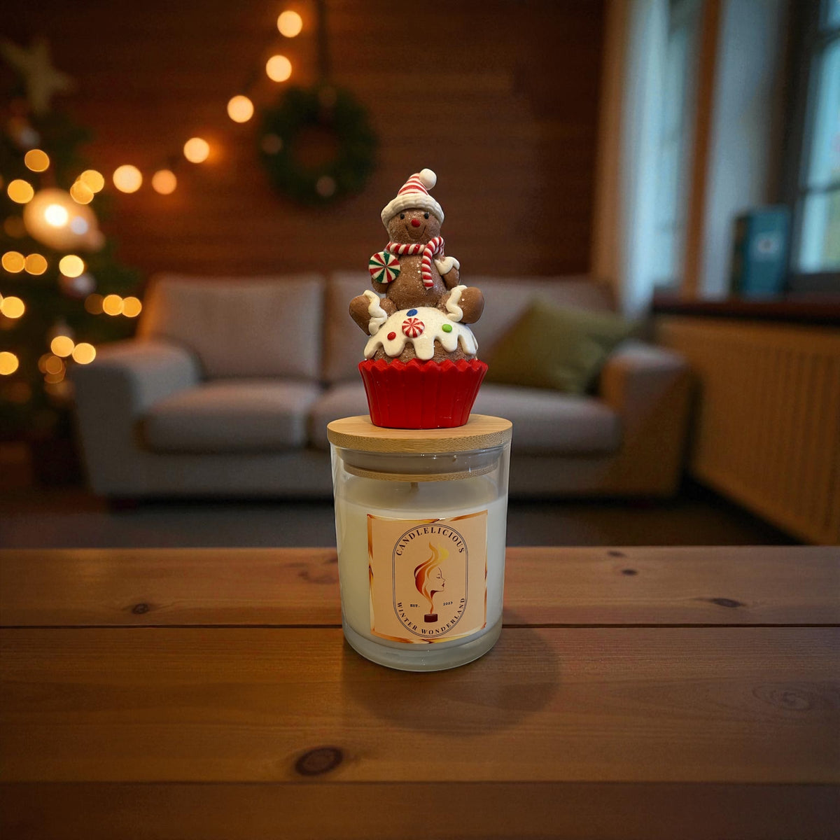 Winter Wonderland candle with a gingerbread man in a frosted cupcake on the lid