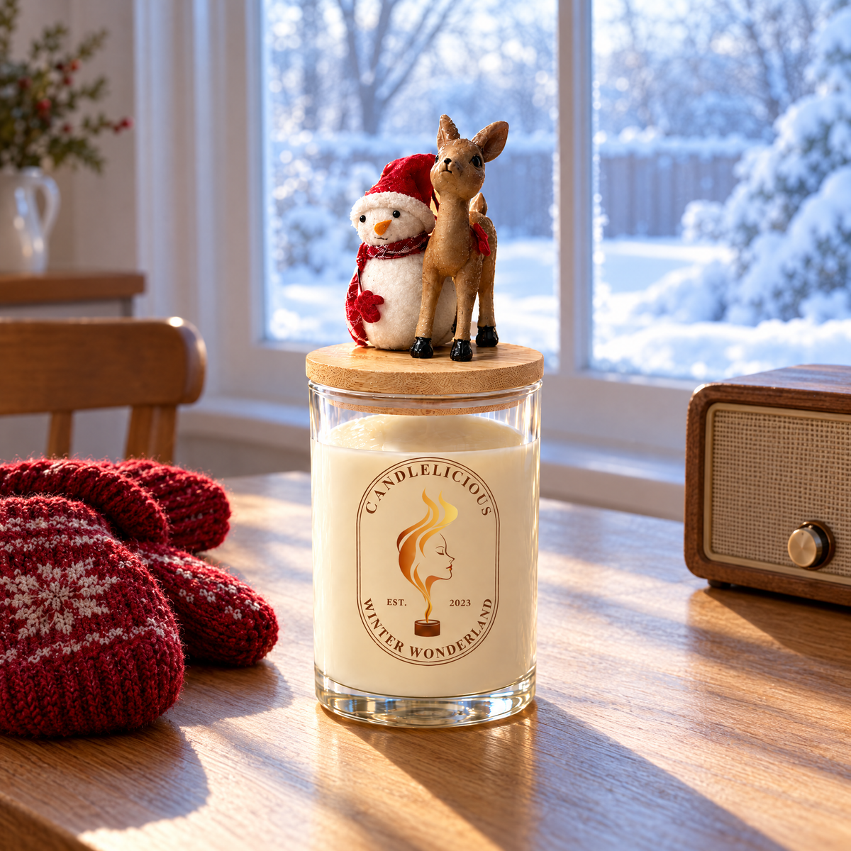 Winter Wonderland candle on a kitchen table beside red mittens, a snowy yard outside
