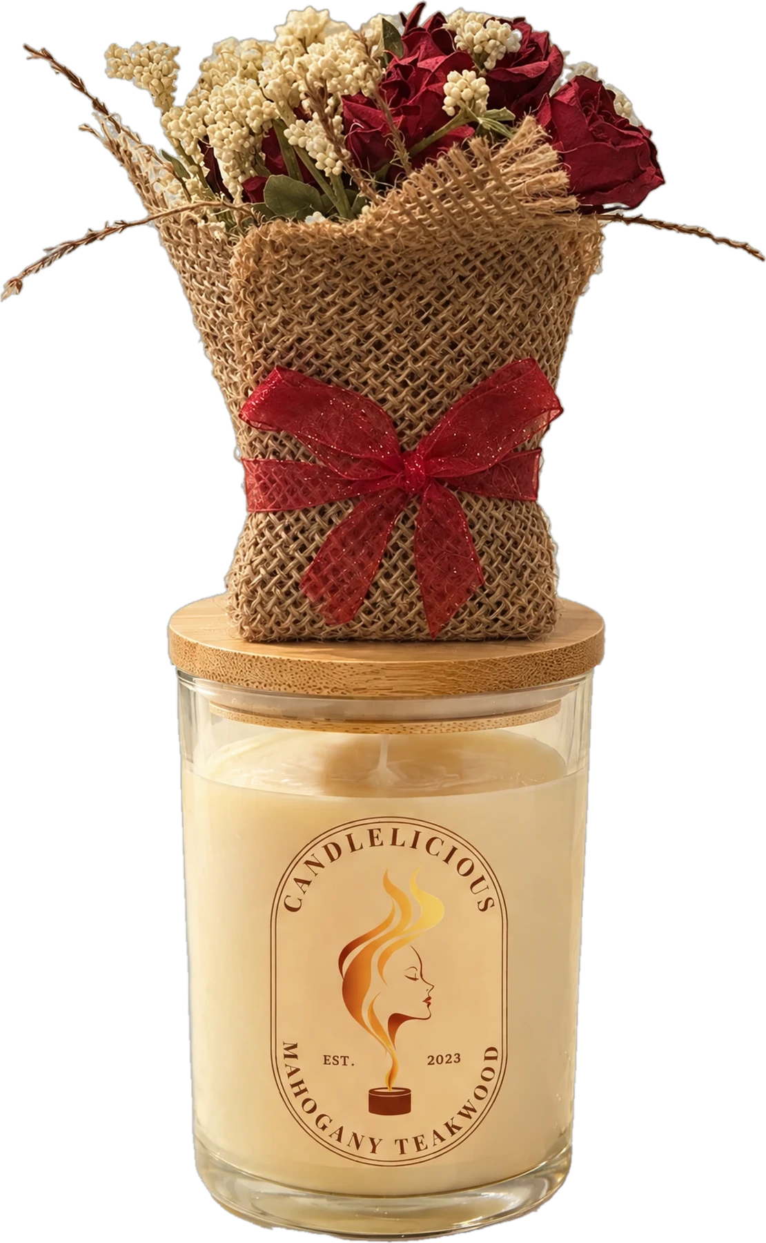 Mahogany Teakwood candle with a burlap-wrapped bouquet of red roses on the lid