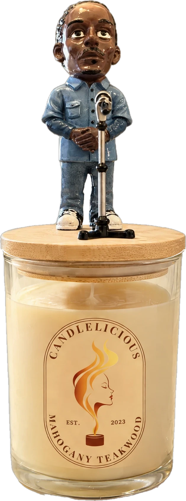 Mahogany Teakwood candle with a figurine in denim at a microphone on the lid