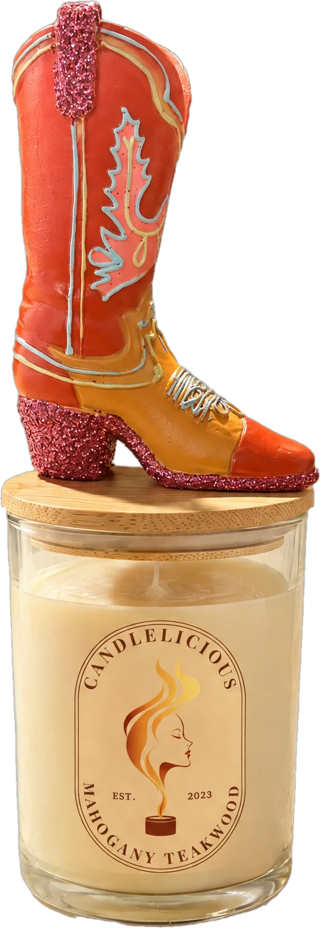 Mahogany Teakwood candle with a red cowgirl boot on the lid