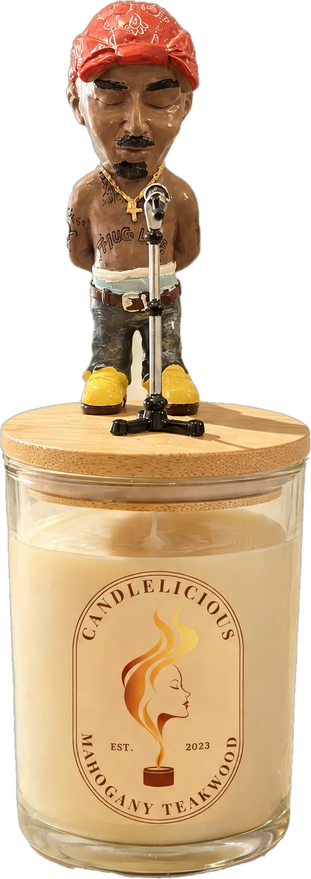 Mahogany Teakwood candle with a Pac figurine in a red bandana at a microphone on the lid