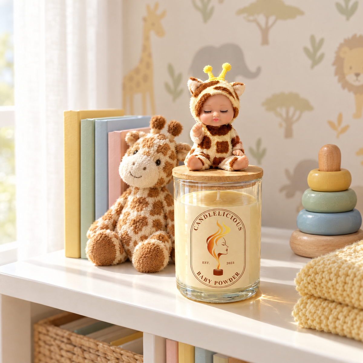 Baby Powder candle on a nursery shelf beside a plush giraffe and picture books