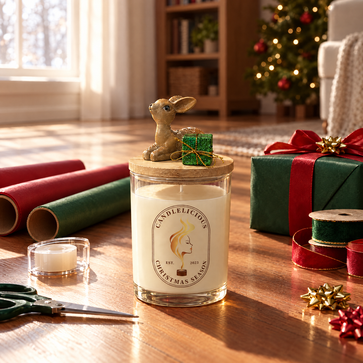 Christmas Season candle on a living room floor among rolls of wrapping paper and ribbon