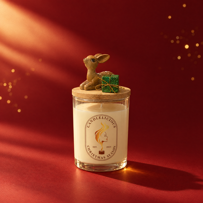 Christmas Season candle with a resting fawn and a green gift on the lid, on a cranberry backdrop