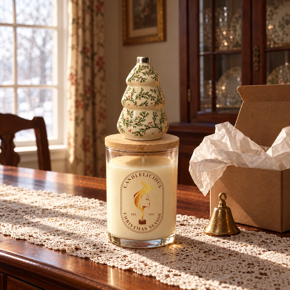Christmas Season candle on a lace runner on a dining room sideboard beside a box of tissue paper