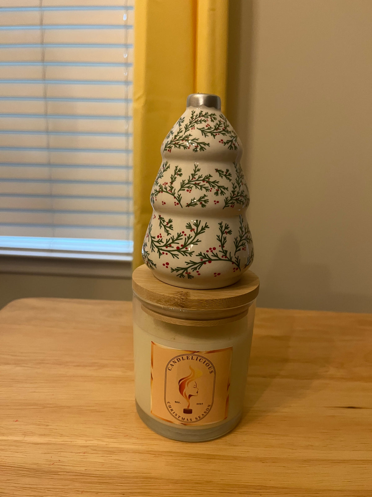 Christmas Season candle with a hand-painted ceramic tree on the lid