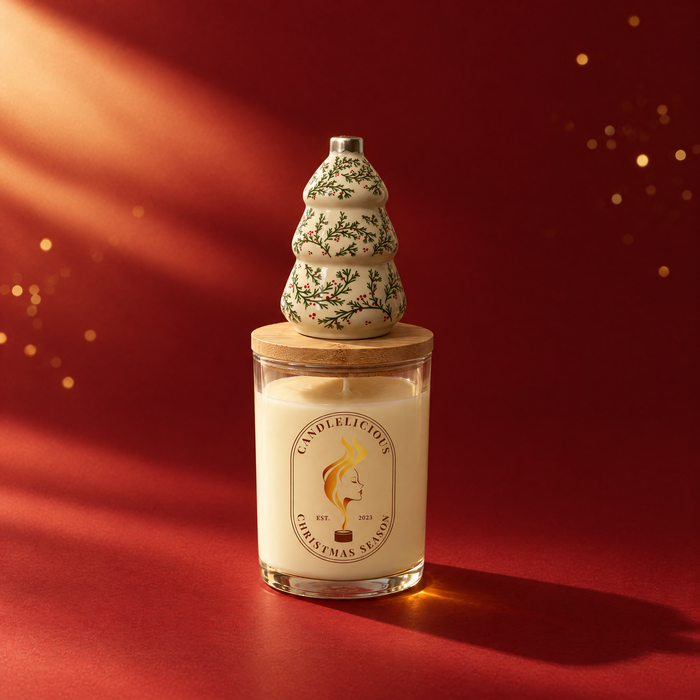 Christmas Season candle with a hand-painted ceramic tree on the lid, on a cranberry backdrop