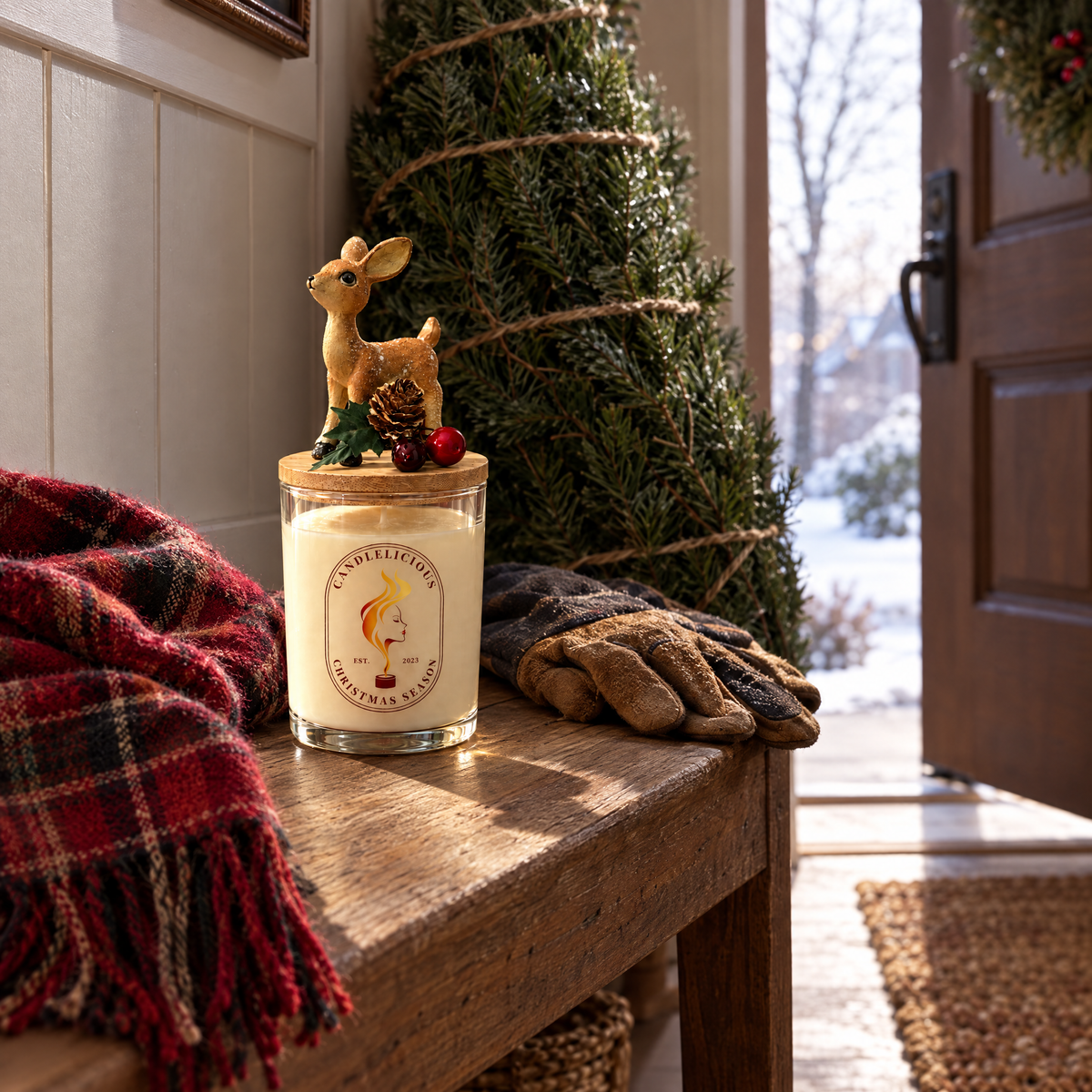 Christmas Season candle on an entryway bench beside a fresh fir tree, a plaid scarf and work gloves