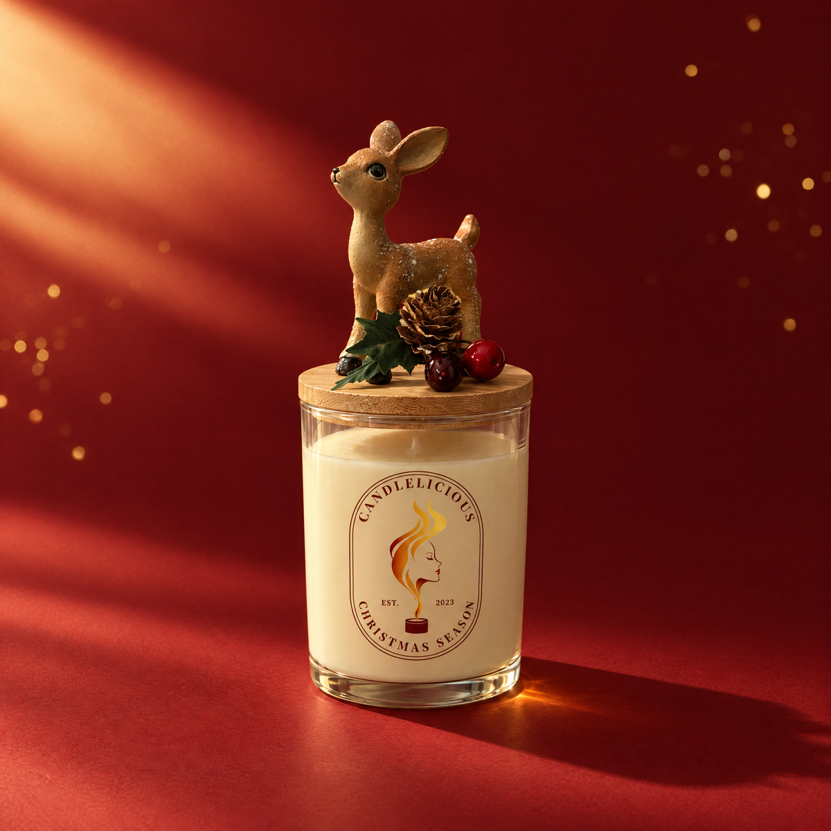 Christmas Season candle with a fawn, pinecone and holly on the lid, on a cranberry backdrop
