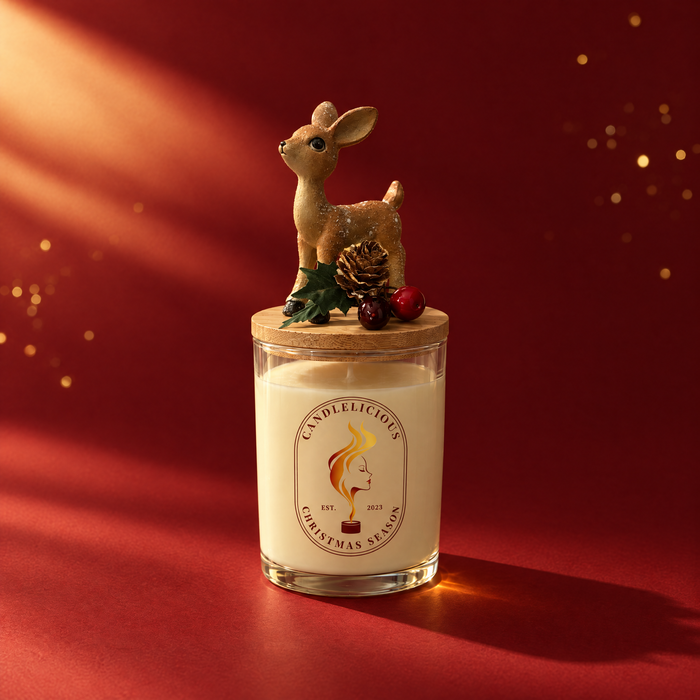 Christmas Season candle with a fawn, pinecone and holly on the lid, on a cranberry backdrop