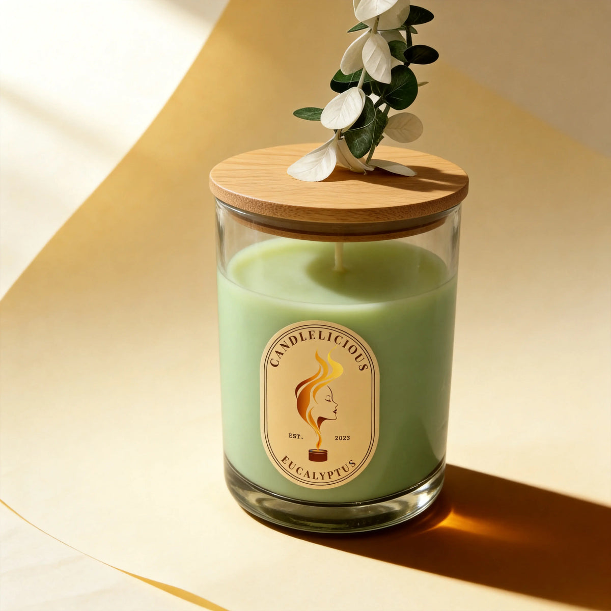 Eucalyptus candle with a sprig of eucalyptus on the lid