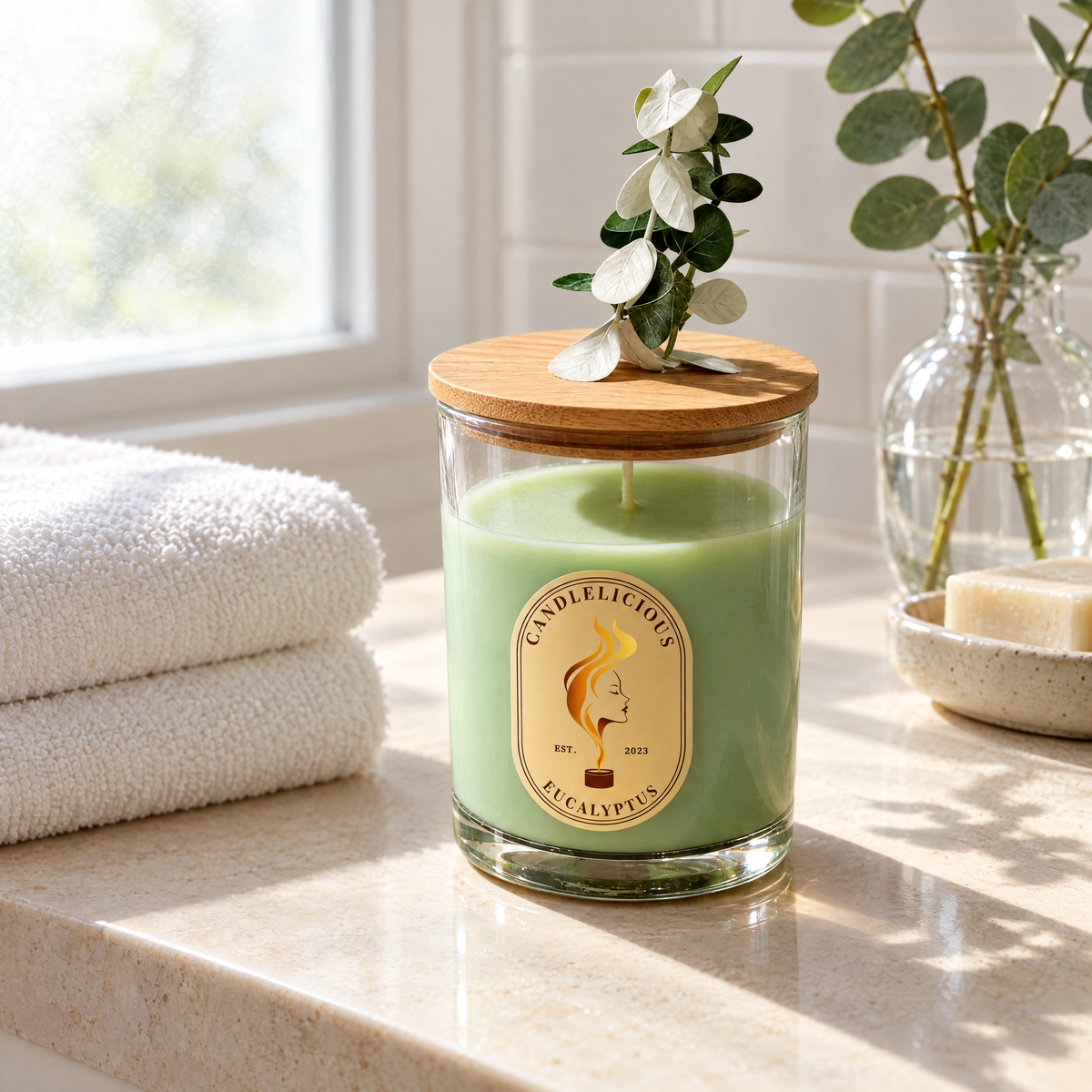 Eucalyptus candle on a bathroom vanity beside folded white towels