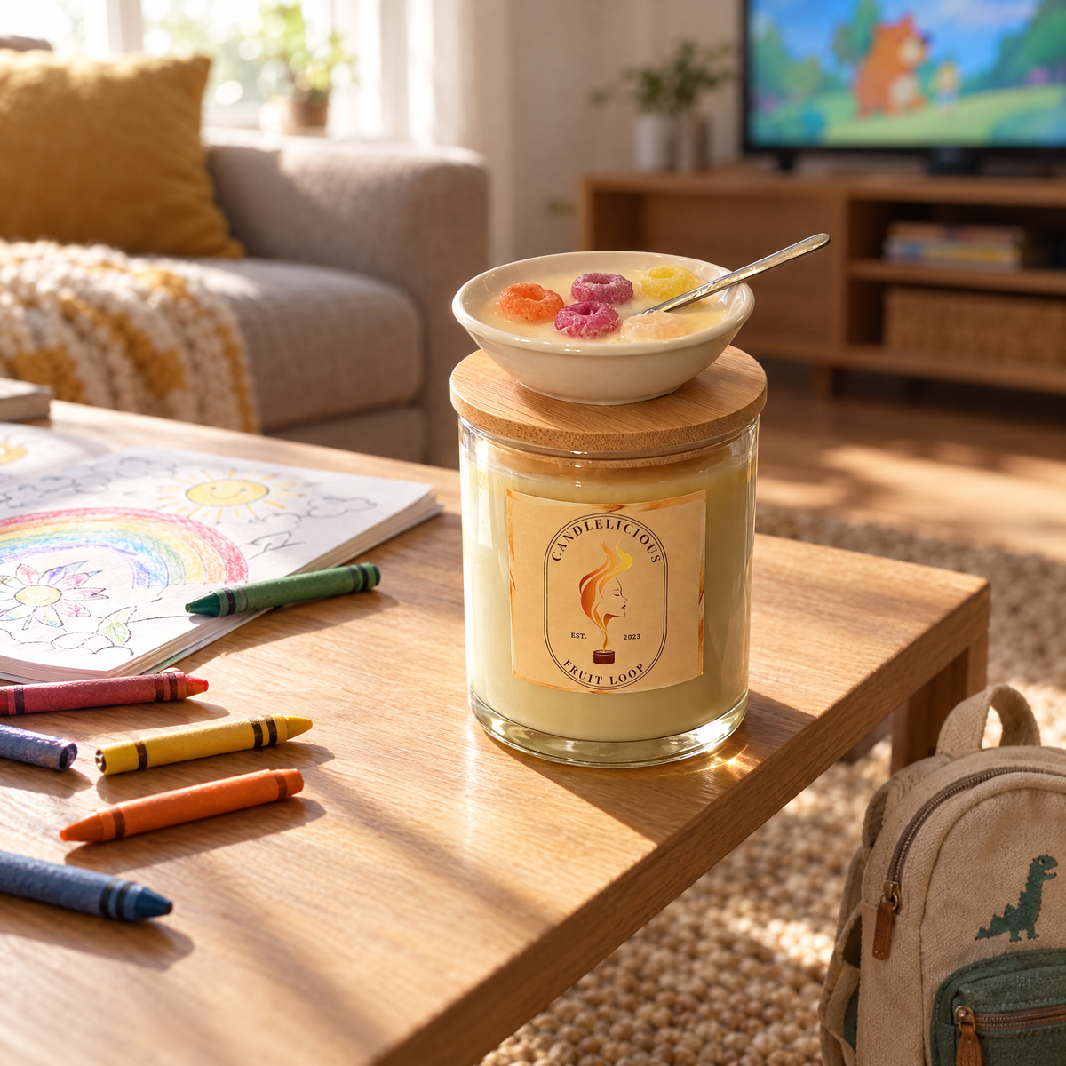 Fruit Loop candle on a living room coffee table with crayons and a colouring book