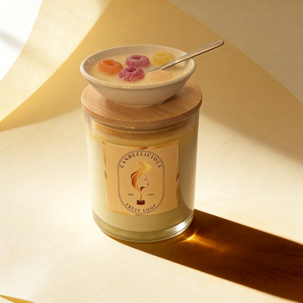 Fruit Loop candle with a bowl of cereal on the lid