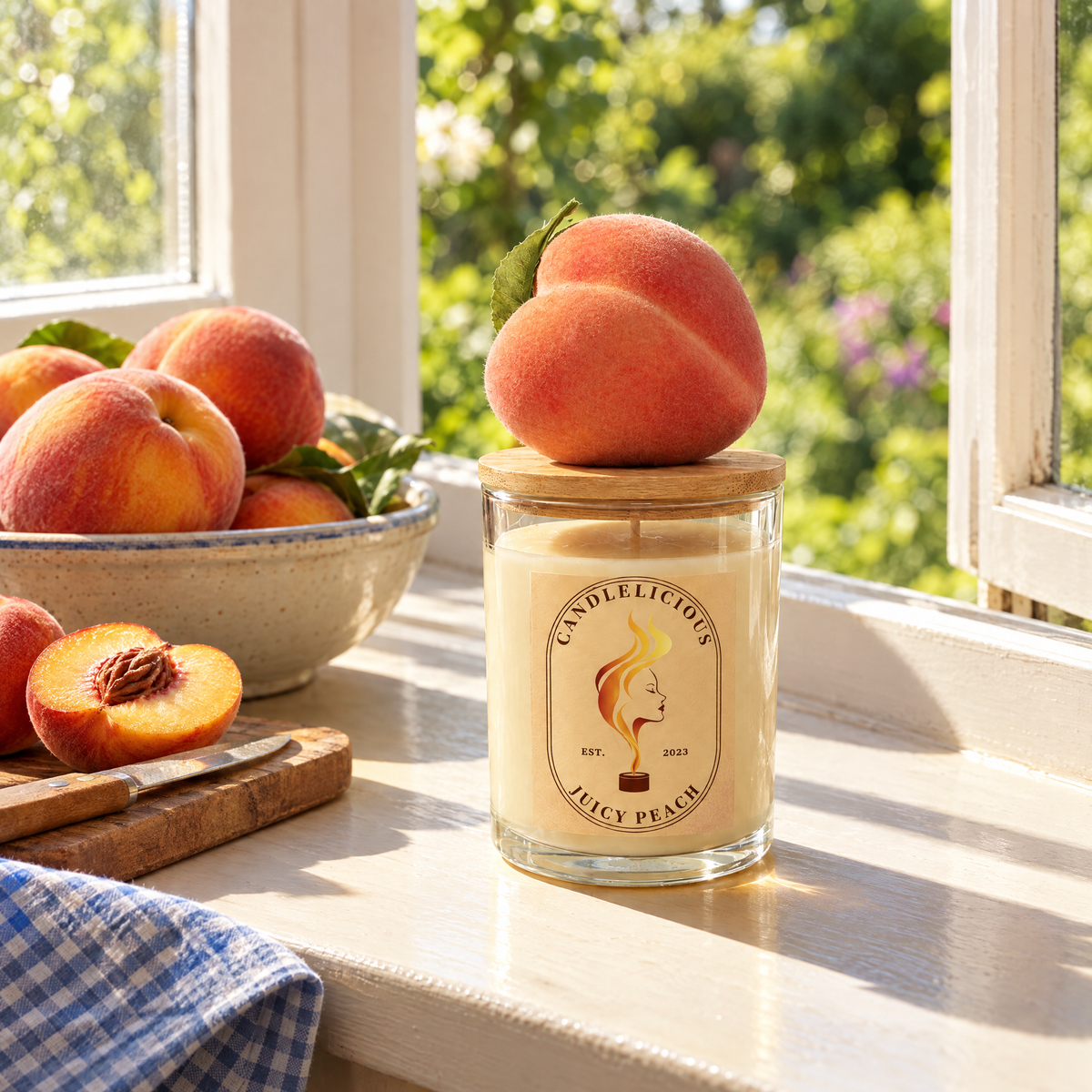 Juicy Peach candle on a sunny windowsill beside a bowl of ripe peaches