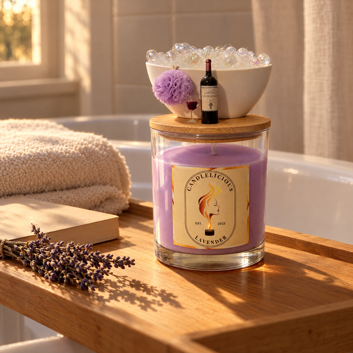 Lavender candle on a wooden bath tray with dried lavender