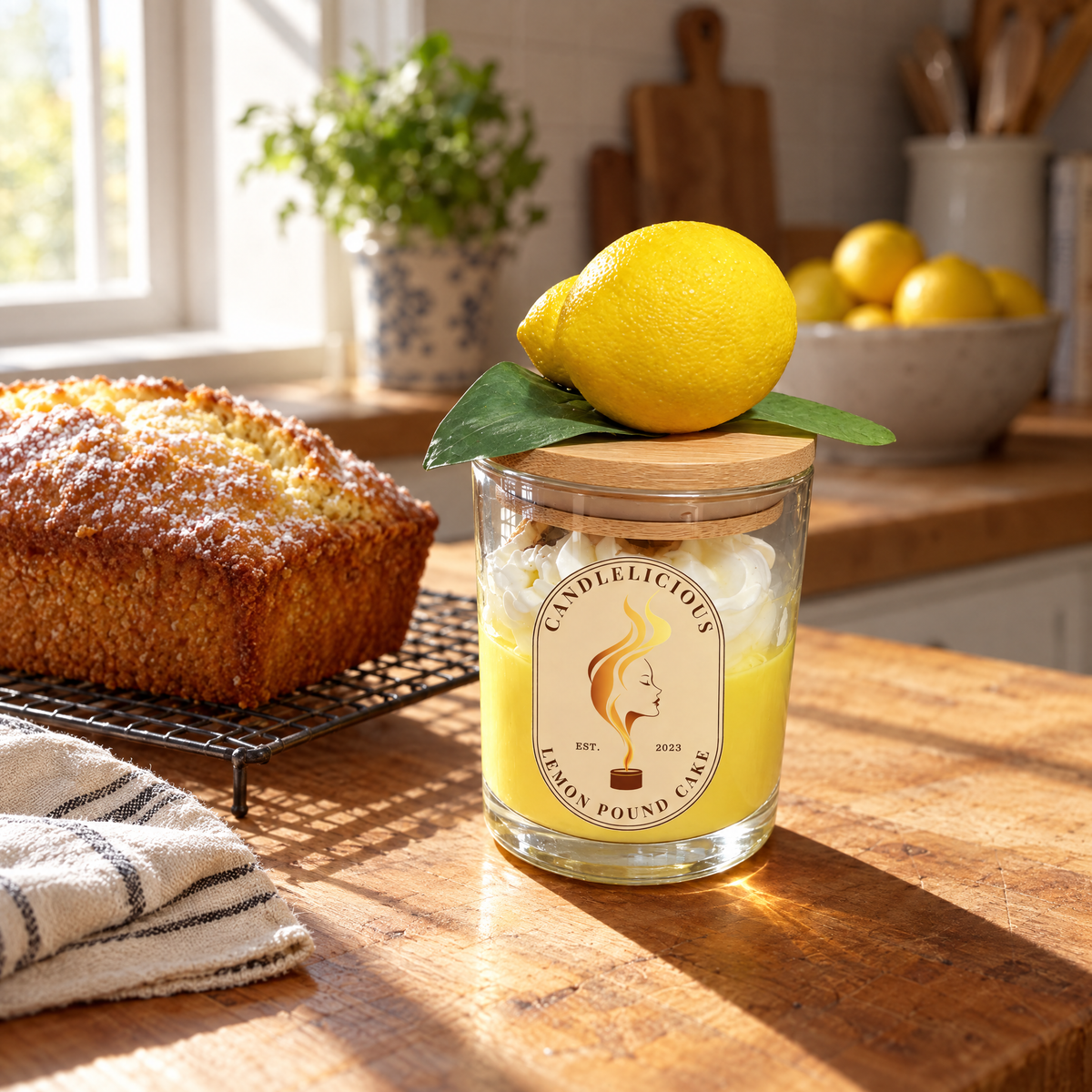 Lemon Pound Cake candle on a kitchen counter beside a fresh loaf cake