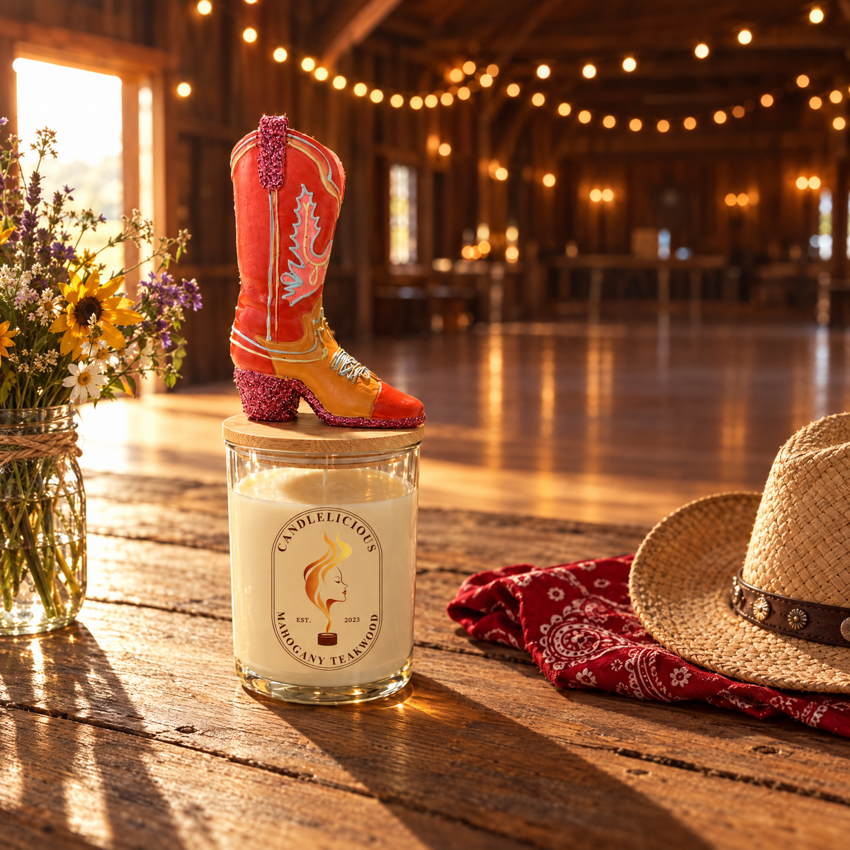 Mahogany Teakwood candle on a farmhouse table under string lights