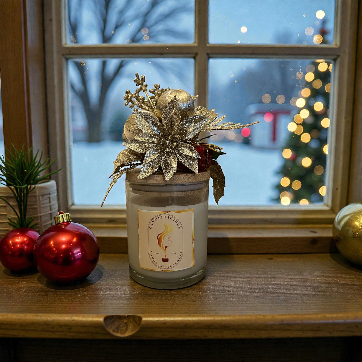Mahogany Teakwood candle with a gold glitter poinsettia and red berries on the lid