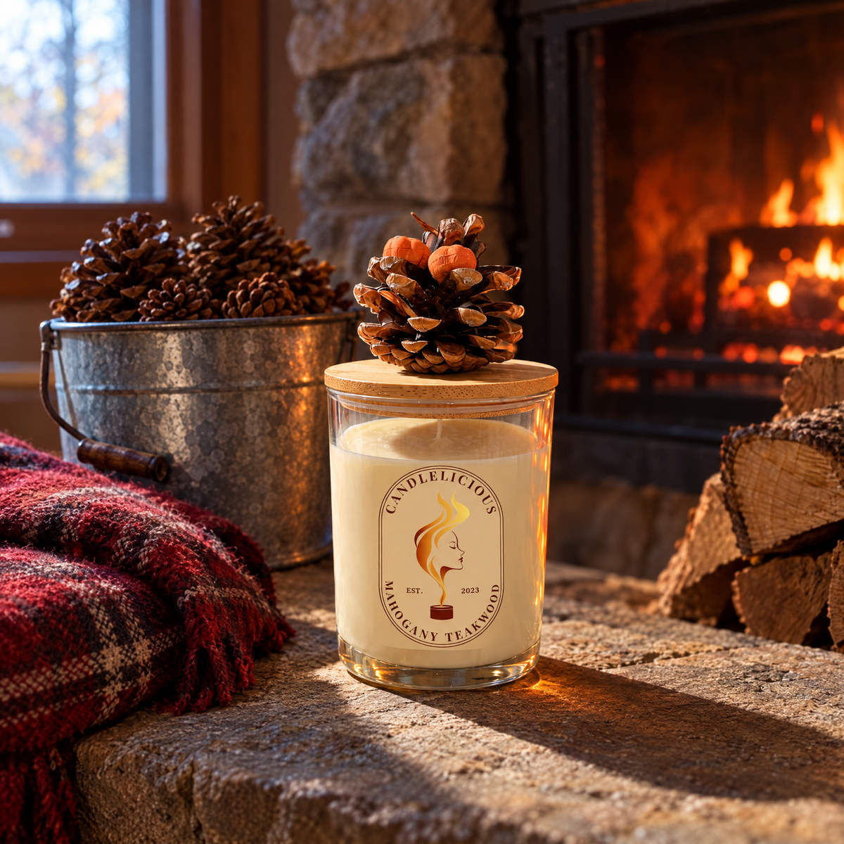 Mahogany Teakwood candle on a stone hearth beside a bucket of pinecones
