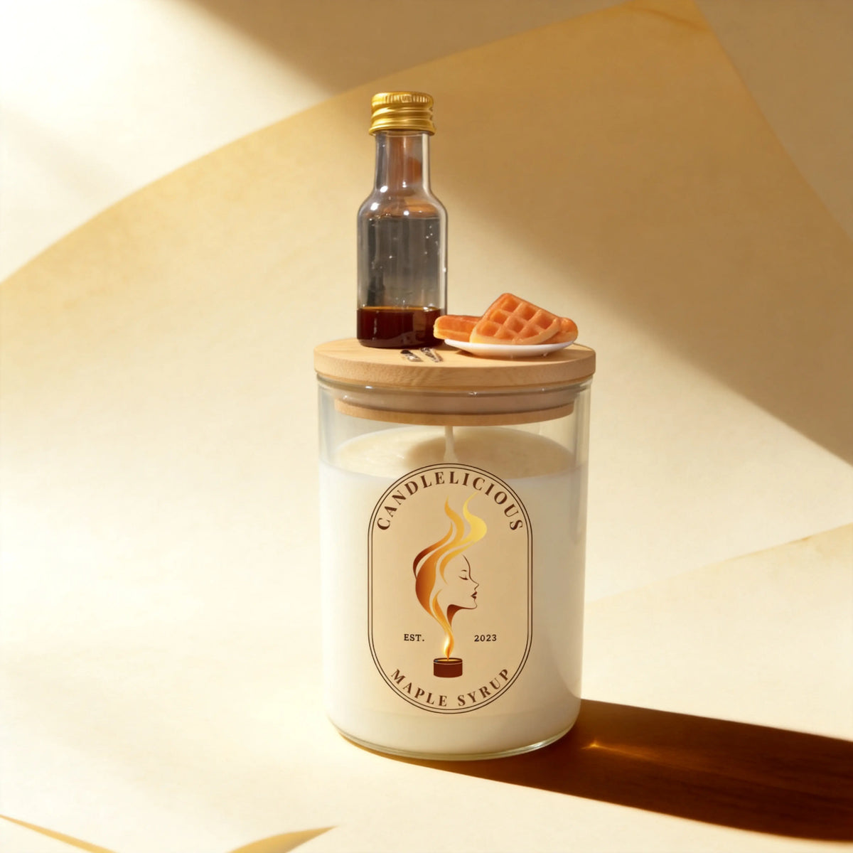Maple Syrup candle with a bottle of syrup and a waffle on the lid