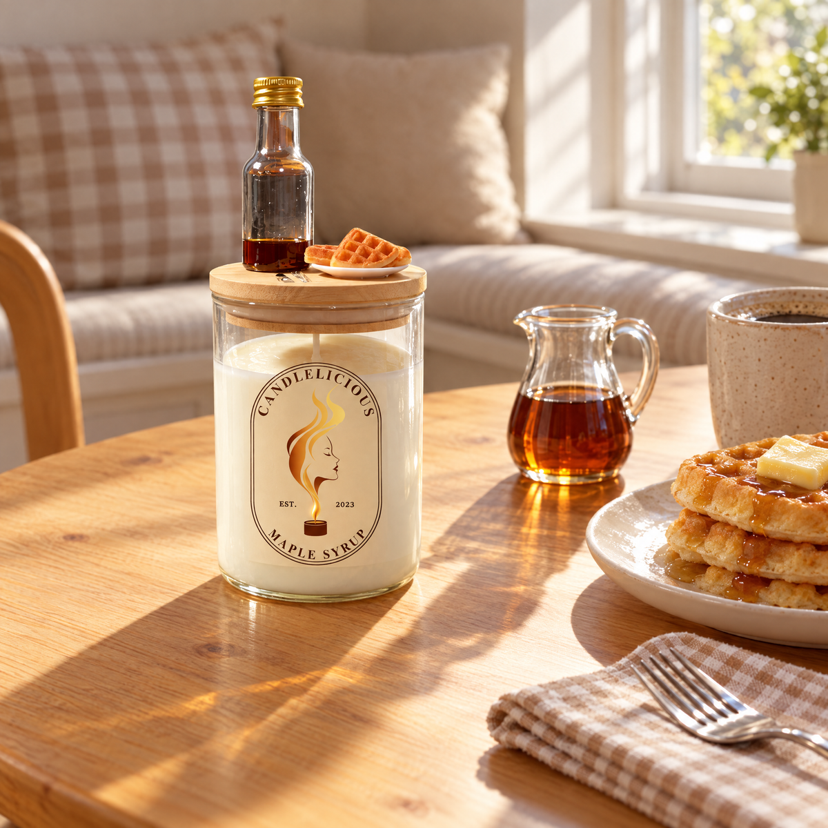 Maple Syrup candle on a breakfast table beside a plate of waffles