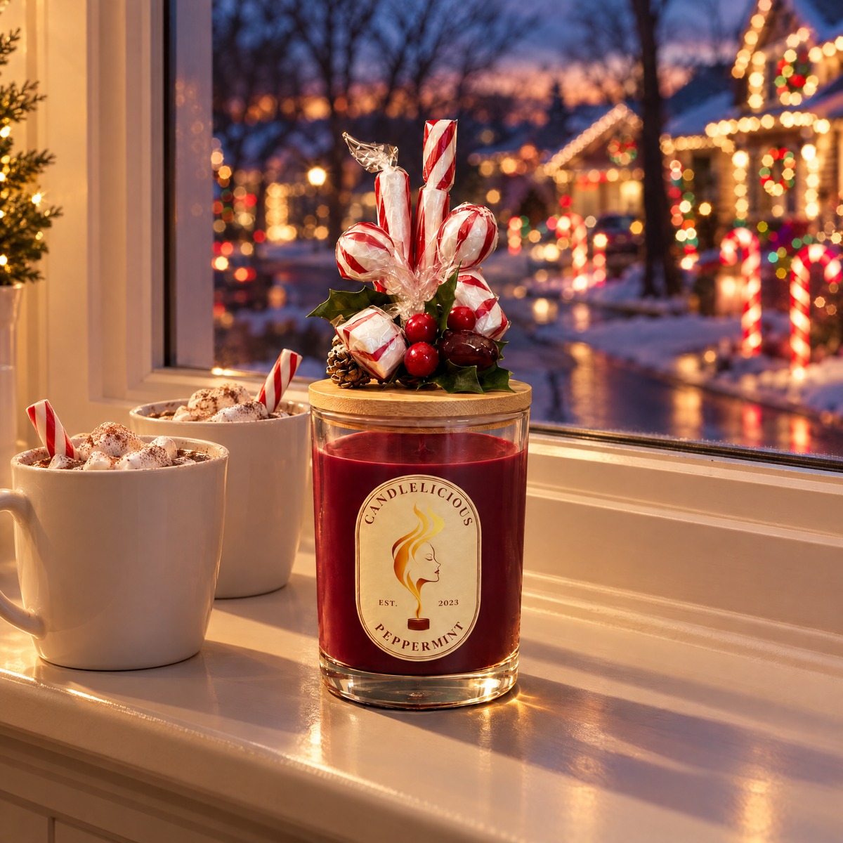 Peppermint candle on a windowsill beside two mugs of cocoa, a street of Christmas lights outside