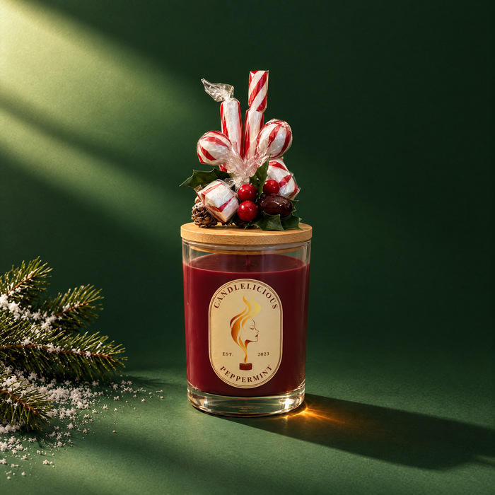 Peppermint candle with candy canes and peppermint candies on the lid, on an evergreen backdrop