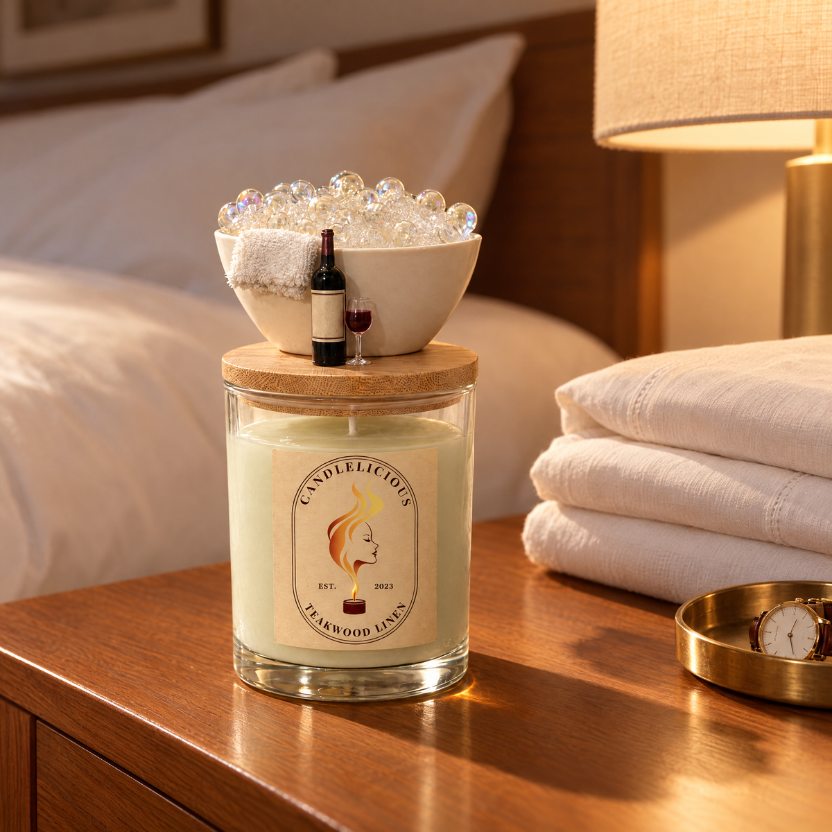 Teakwood Linen candle on a nightstand beside folded white linen