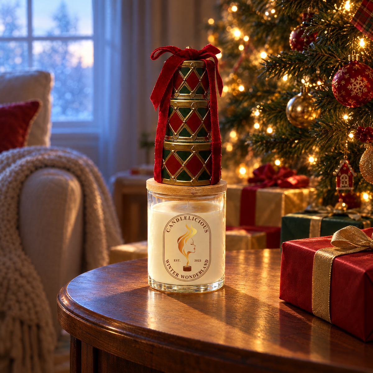 Winter Wonderland candle on a side table by the Christmas tree and presents at dawn