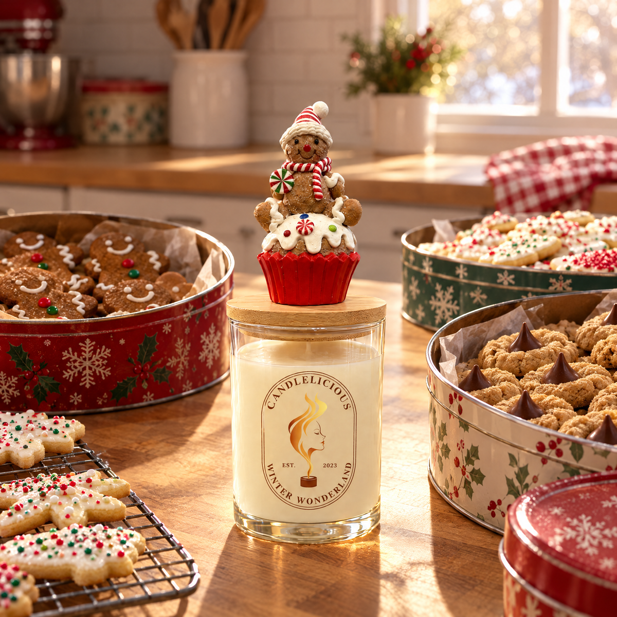 Winter Wonderland candle on a kitchen counter among tins of Christmas cookies