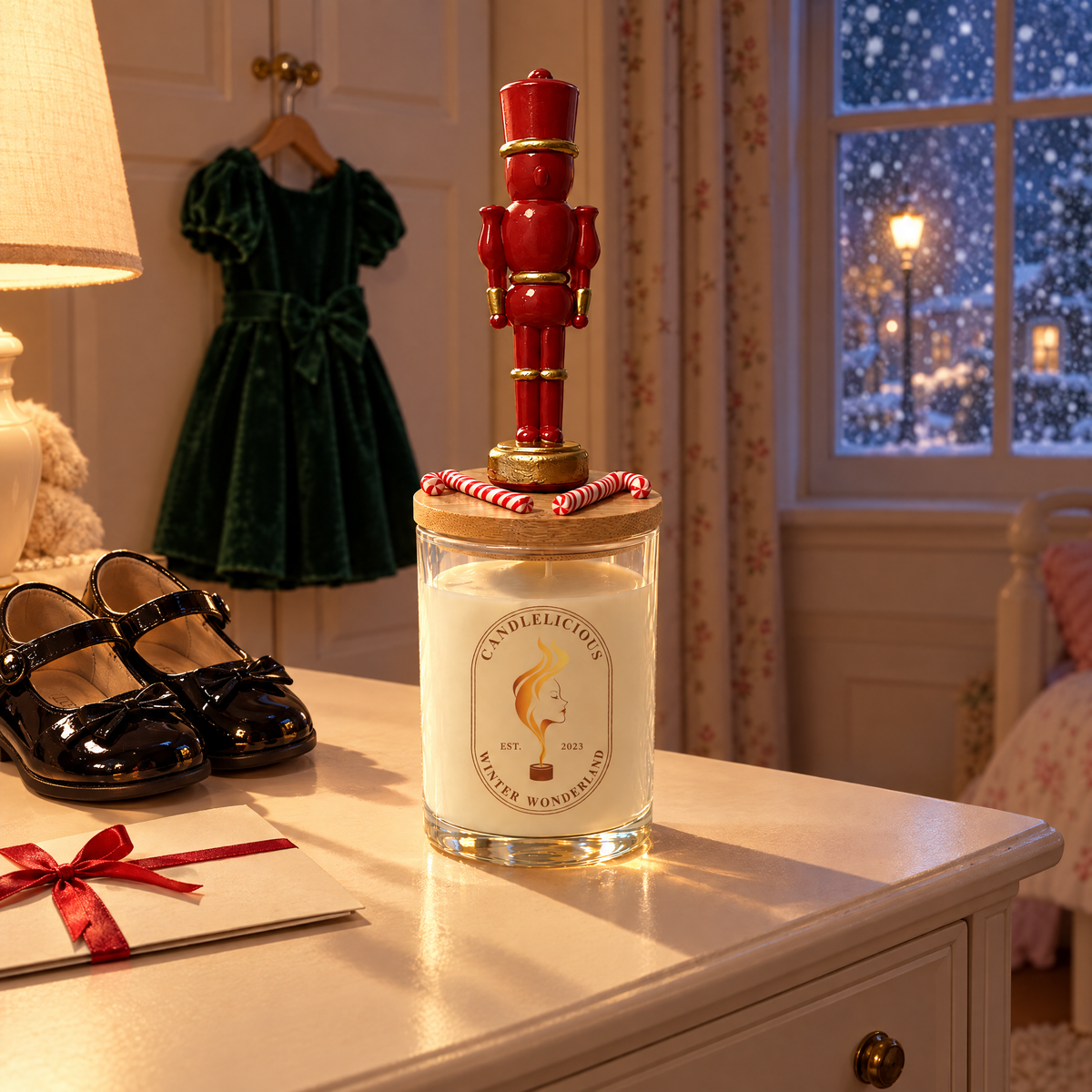 Winter Wonderland candle on a child's dresser beside patent shoes and a velvet dress, snow falling outside