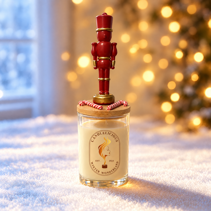 Winter Wonderland candle with a red and gold nutcracker on the lid, standing in snow